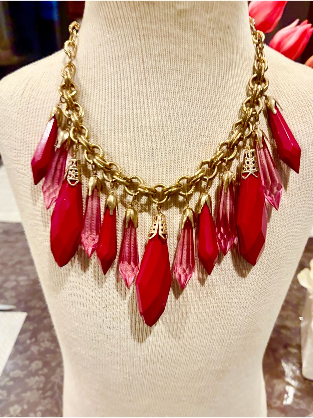 Gold Chain Statement Necklace with Fuchsia and Light Pink Crystal Drops - Picture 2 of 14